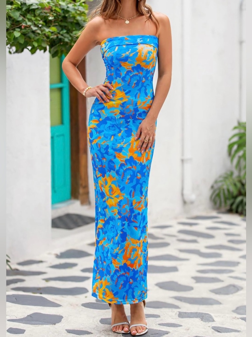 Strapless Blue & Orange Floral Maxi Dress
